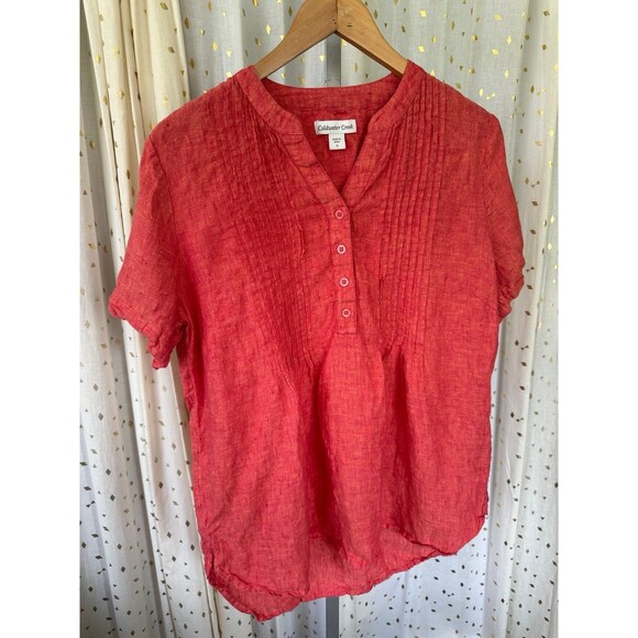 Coldwater Creek Women's 100% Linen Front Piping Pullover Mandarin Collar Blouse - Picture 2 of 7